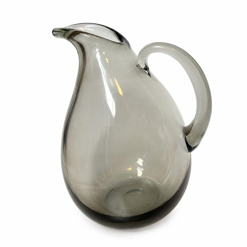 Vintage Hand Blown Smoke Gray Art Glass Pitcher MCM Scandinavian Style Vase